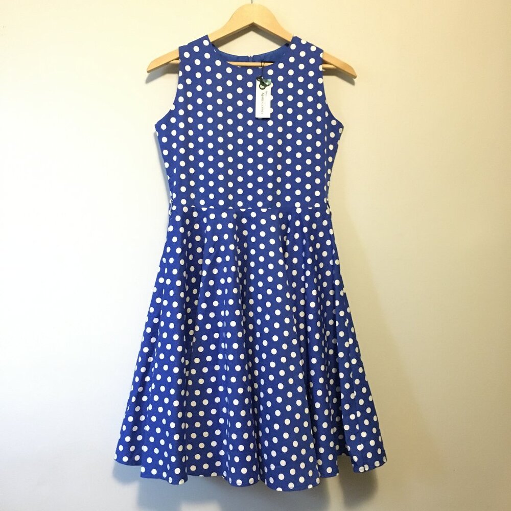 NWT BlackButterfly Blue and White Polka Dot Retro Rockabilly A-Line Dress